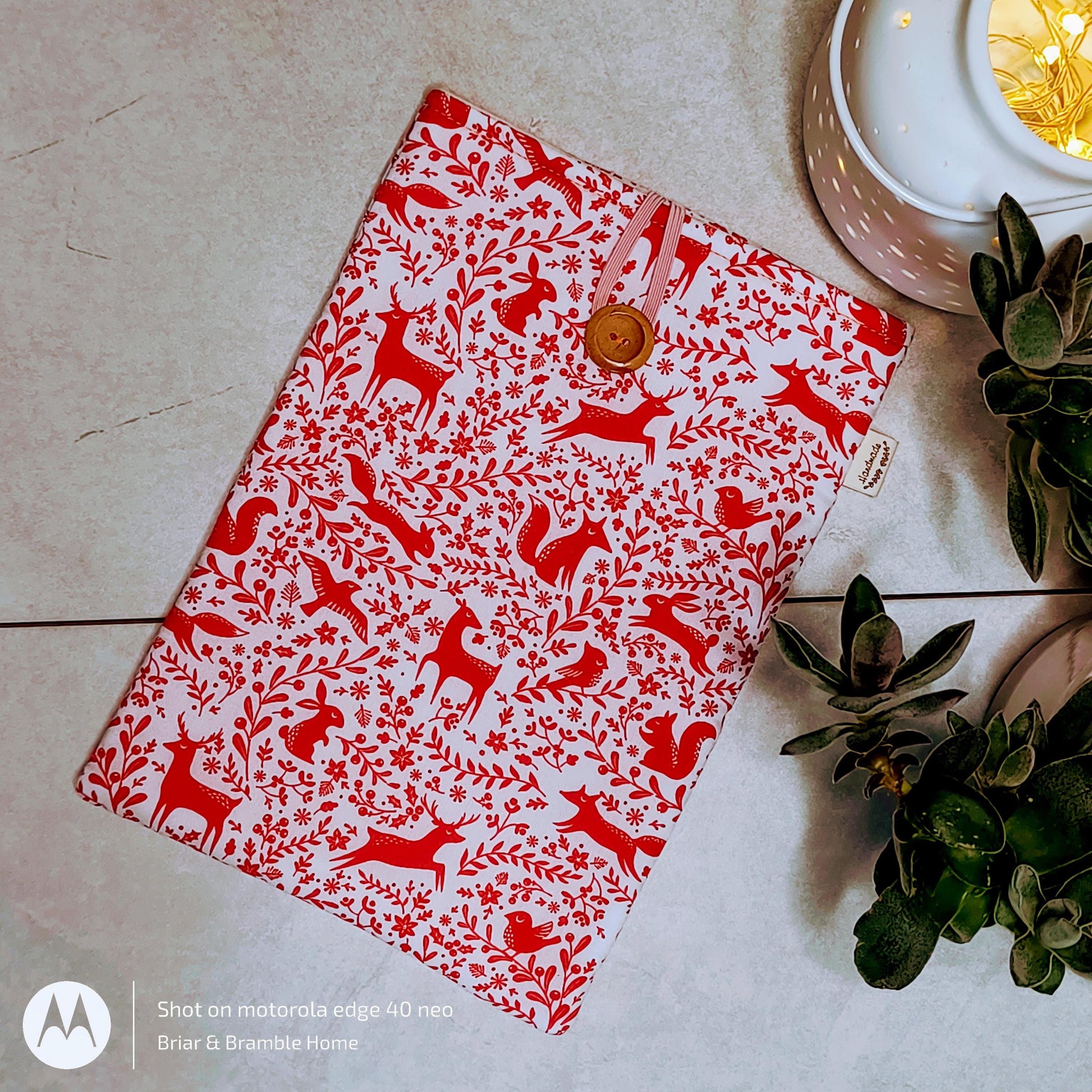 Festive Padded Book Sleeve: Winter Animals Print, Reader Gift