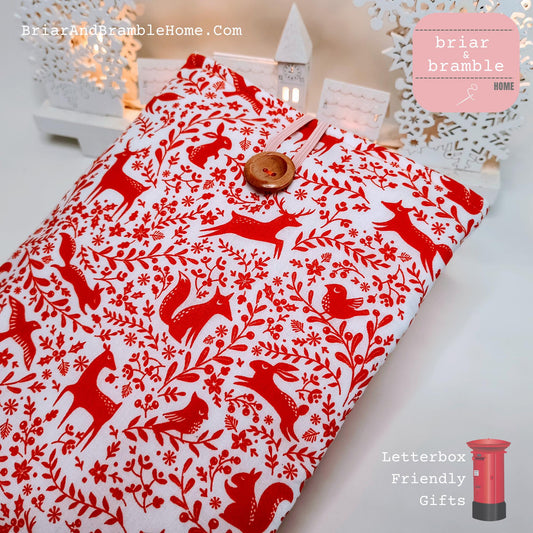 Festive Padded Book Sleeve: Winter Animals Print, Reader Gift