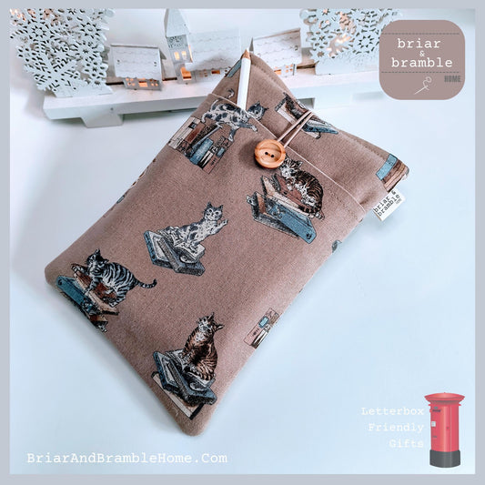 Handmade Cat Book Sleeve: Padded Linen Book Cover with Pocket