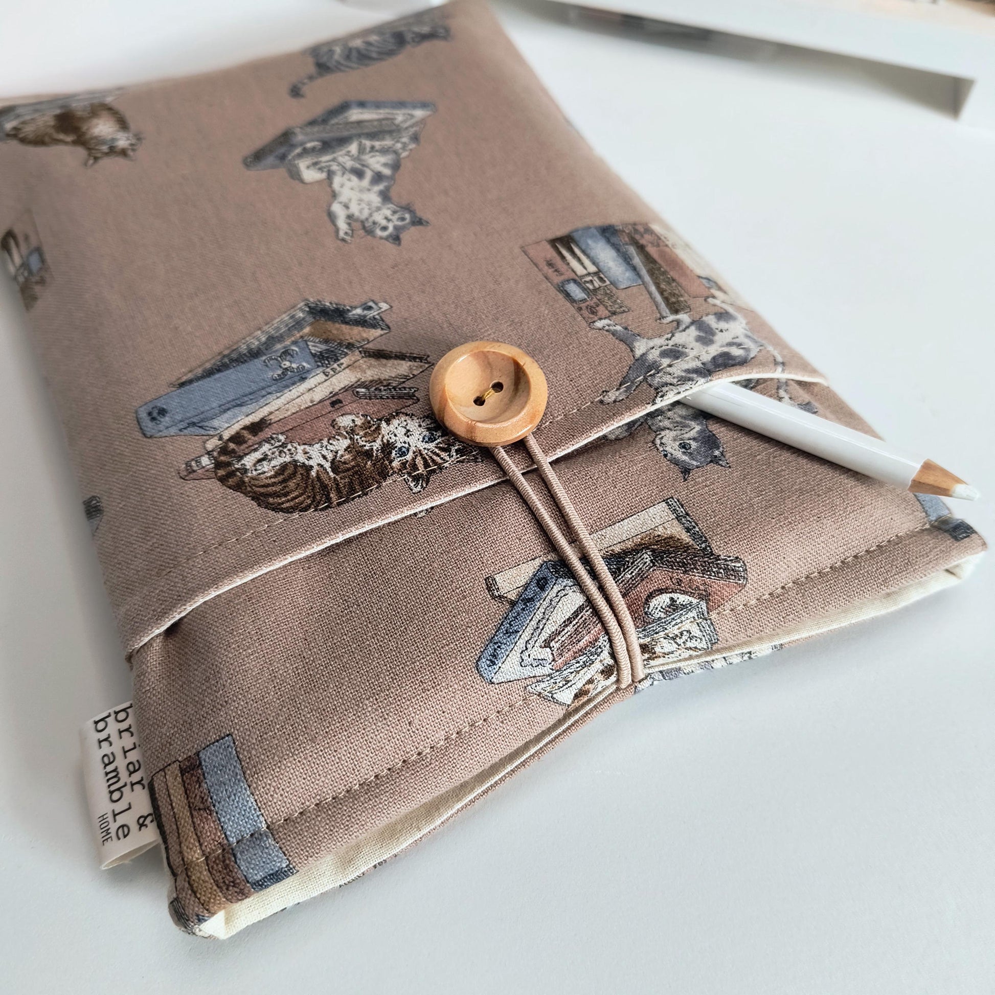 Handmade Cat Book Sleeve: Padded Linen Book Cover with Pocket