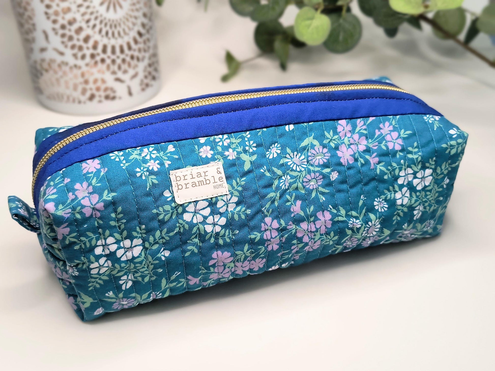 Teal Floral Quilted Makeup Bag: Handmade Zipper Pouch