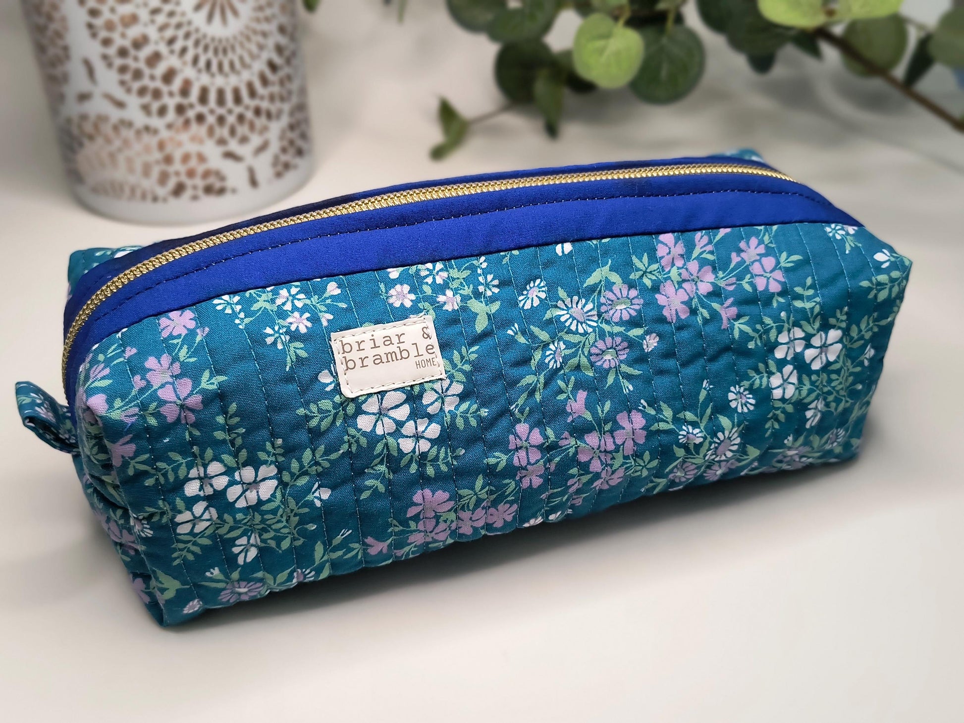 Teal Floral Quilted Makeup Bag: Handmade Zipper Pouch