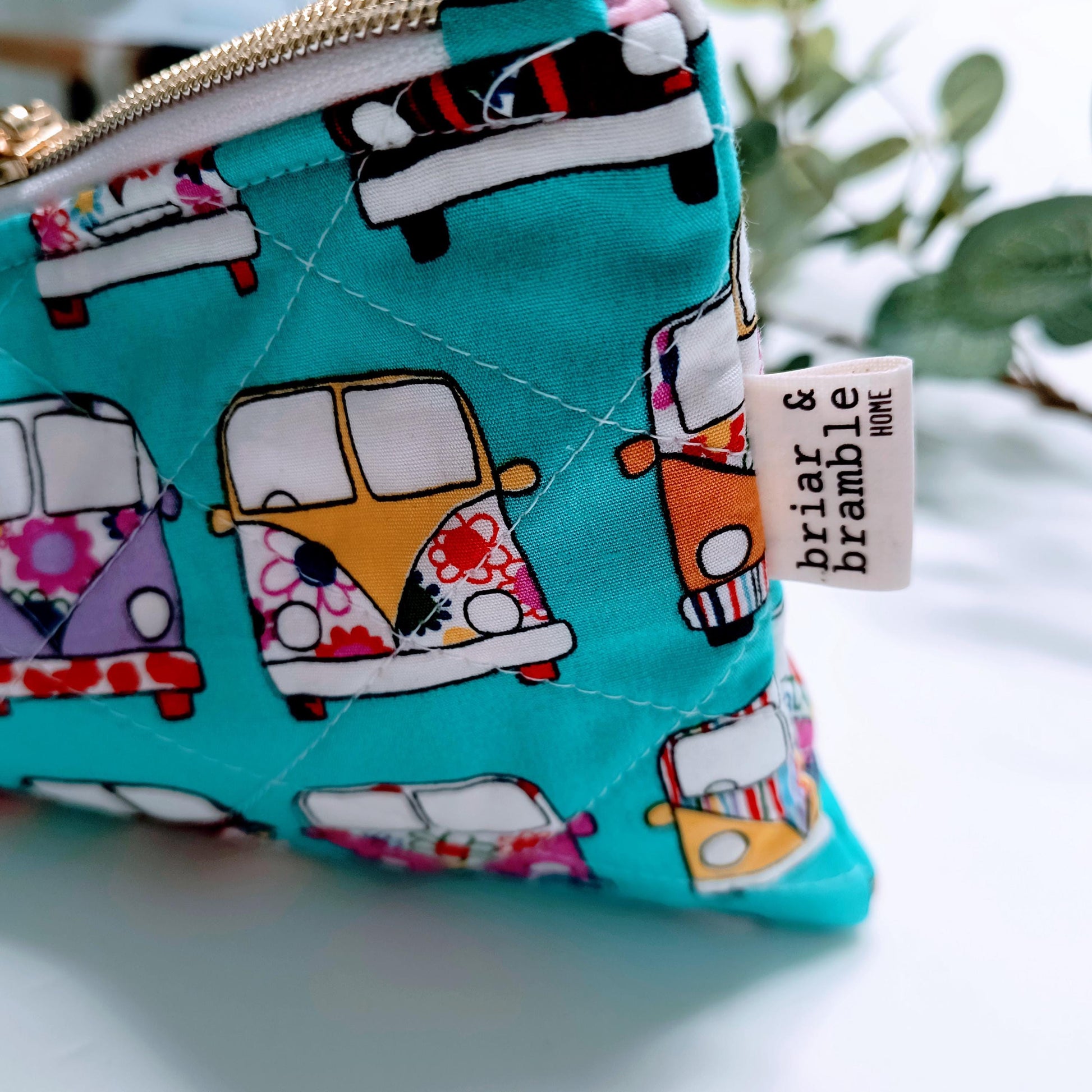 Handmade Quilted Zipper Pouch / Campervan Retro / Makeup Bag / Cotton Pencil Case / Travel Accessory