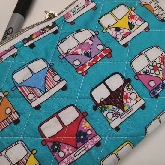 Handmade Quilted Zipper Pouch / Campervan Retro / Makeup Bag / Cotton Pencil Case / Travel Accessory