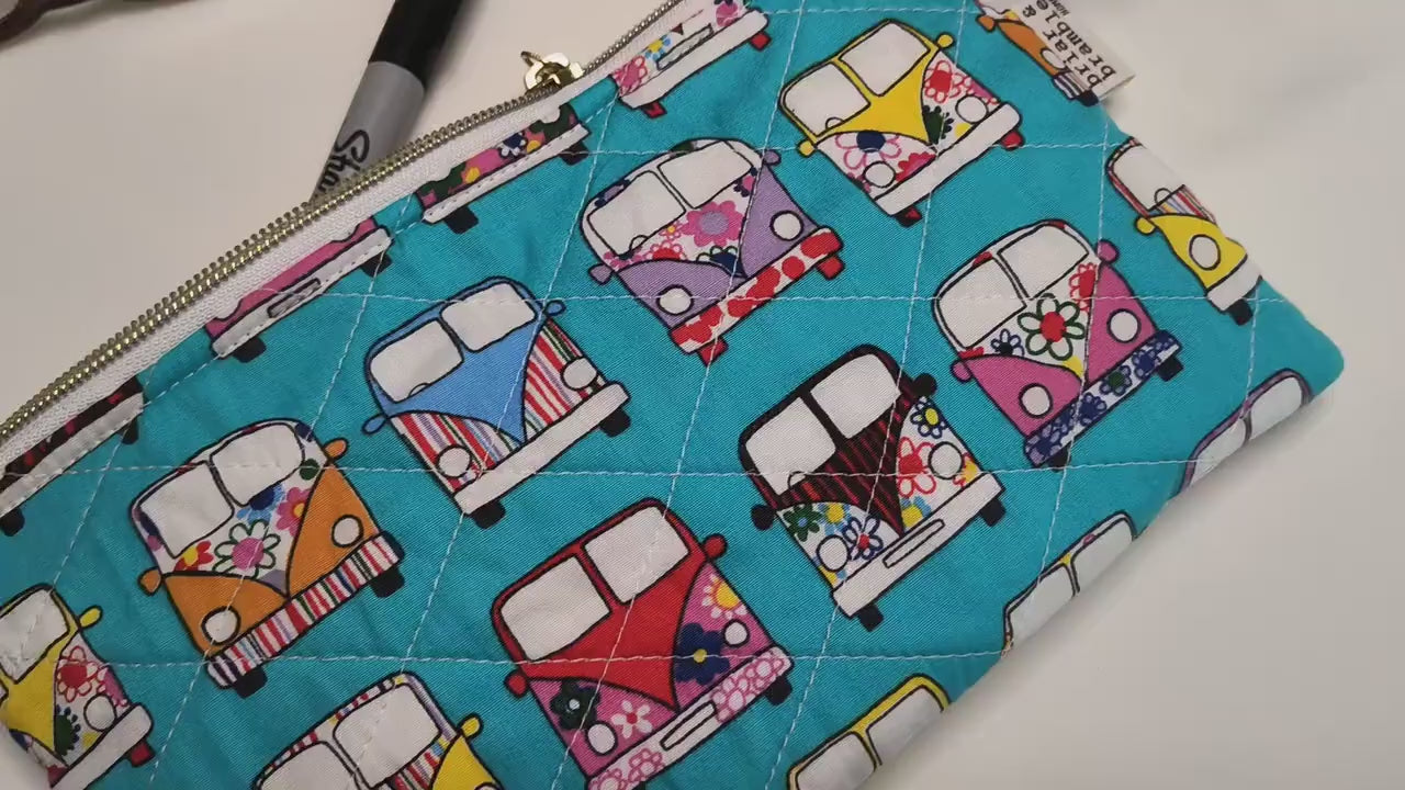 Handmade Quilted Zipper Pouch / Campervan Retro / Makeup Bag / Cotton Pencil Case / Travel Accessory