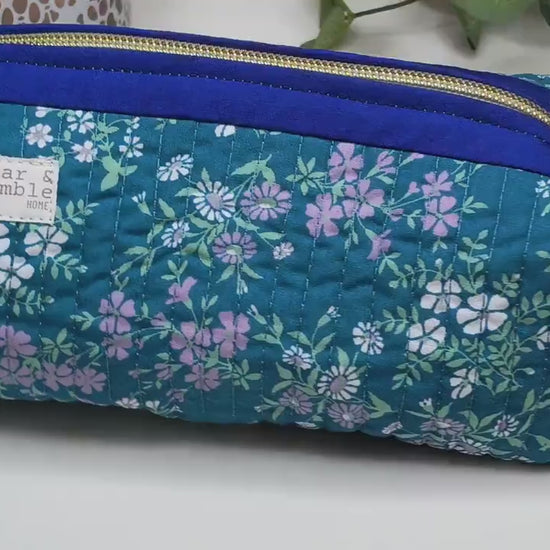 Teal Floral Quilted Makeup Bag: Handmade Zipper Pouch