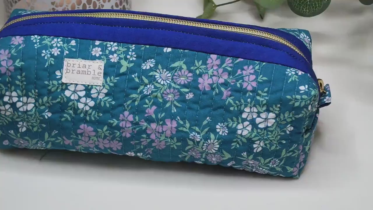 Teal Floral Quilted Makeup Bag: Handmade Zipper Pouch