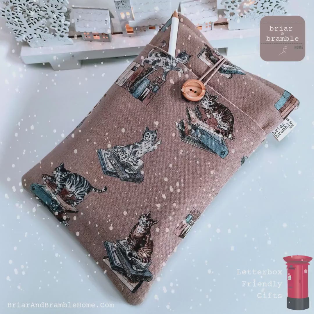 Handmade Cat Book Sleeve: Padded Linen Book Cover with Pocket