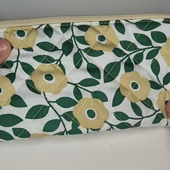 Floral Quilted Cotton Pencil Case: Green & Yellow Zipper Pouch