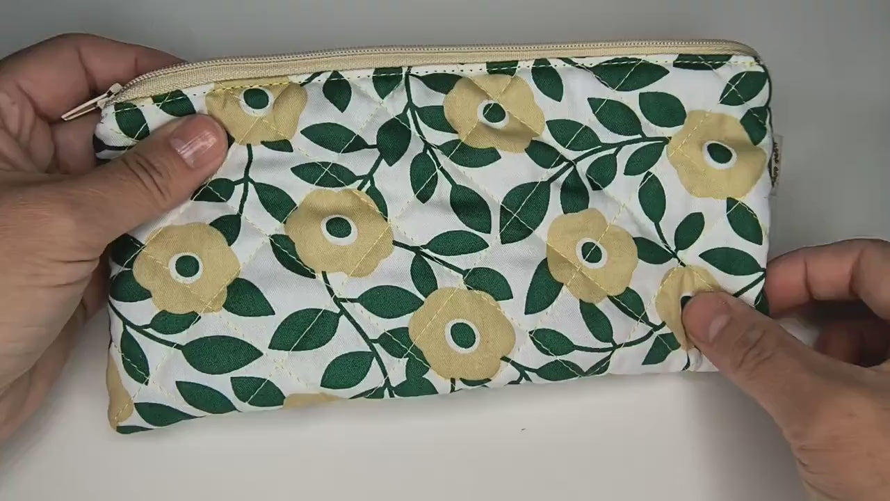 Floral Quilted Cotton Pencil Case: Green & Yellow Zipper Pouch