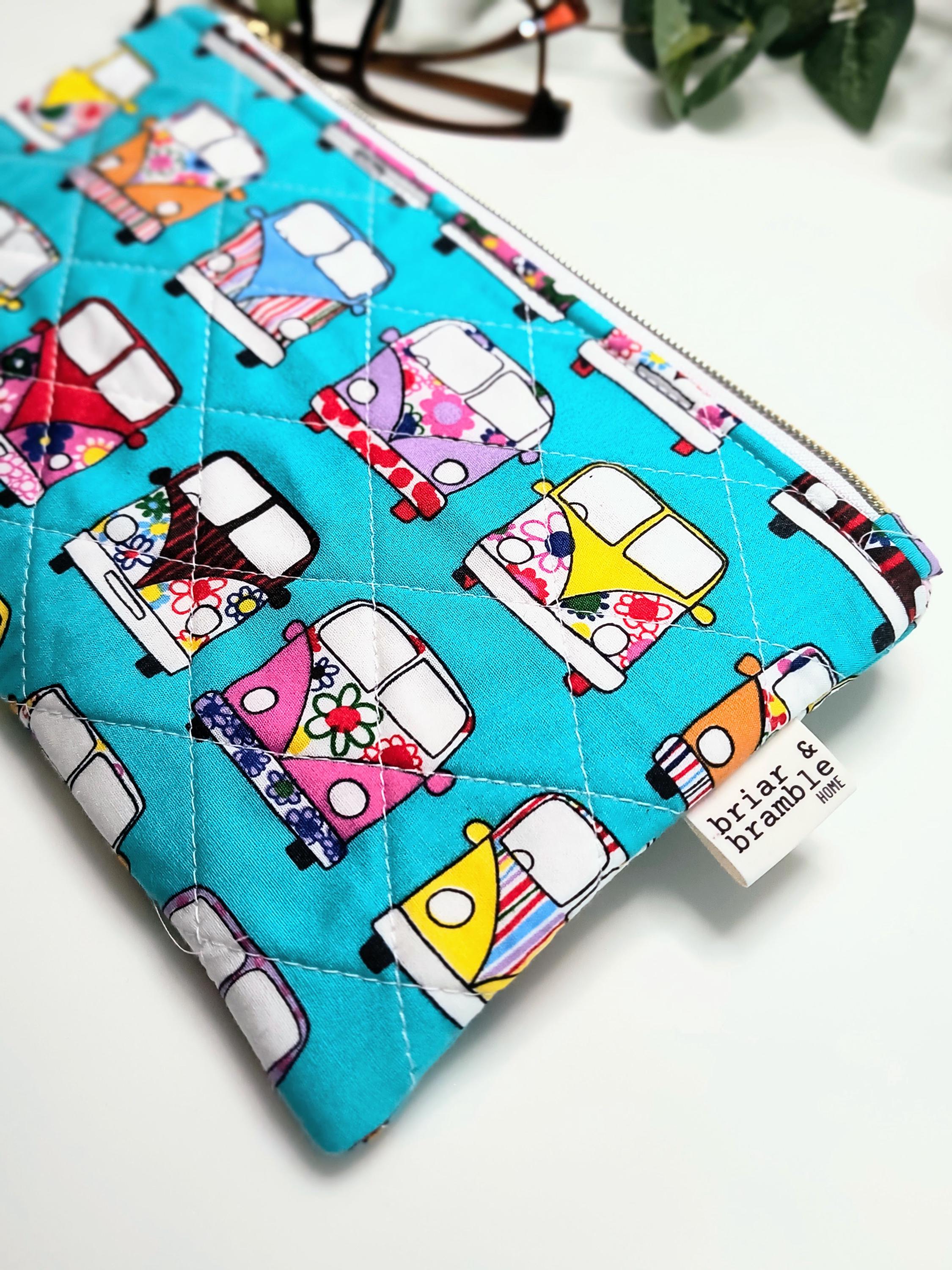Handmade Quilted Zipper Pouch / Campervan Retro / Makeup Bag / Cotton Pencil Case / Travel Accessory