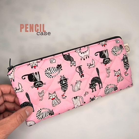 Handmade Pink Cat Print Pencil Case: Quilted Cotton Pen Pouch