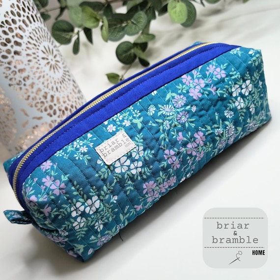 Teal Floral Quilted Makeup Bag: Handmade Zipper Pouch